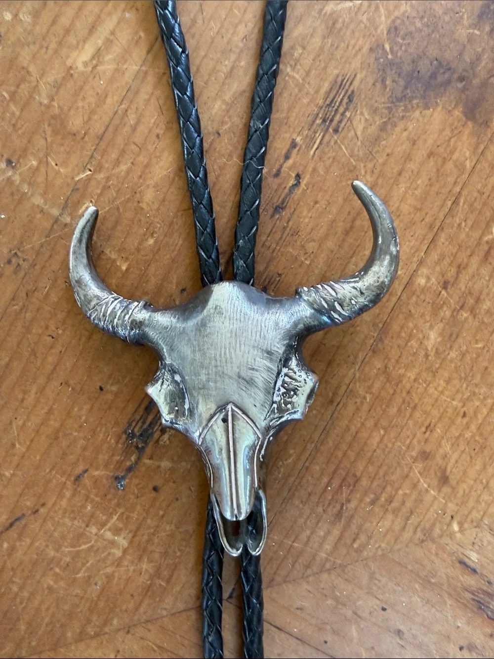 Vintage R. Sereno Sterling Silver Buffalo Skull Bolo Tie Western Leather  925